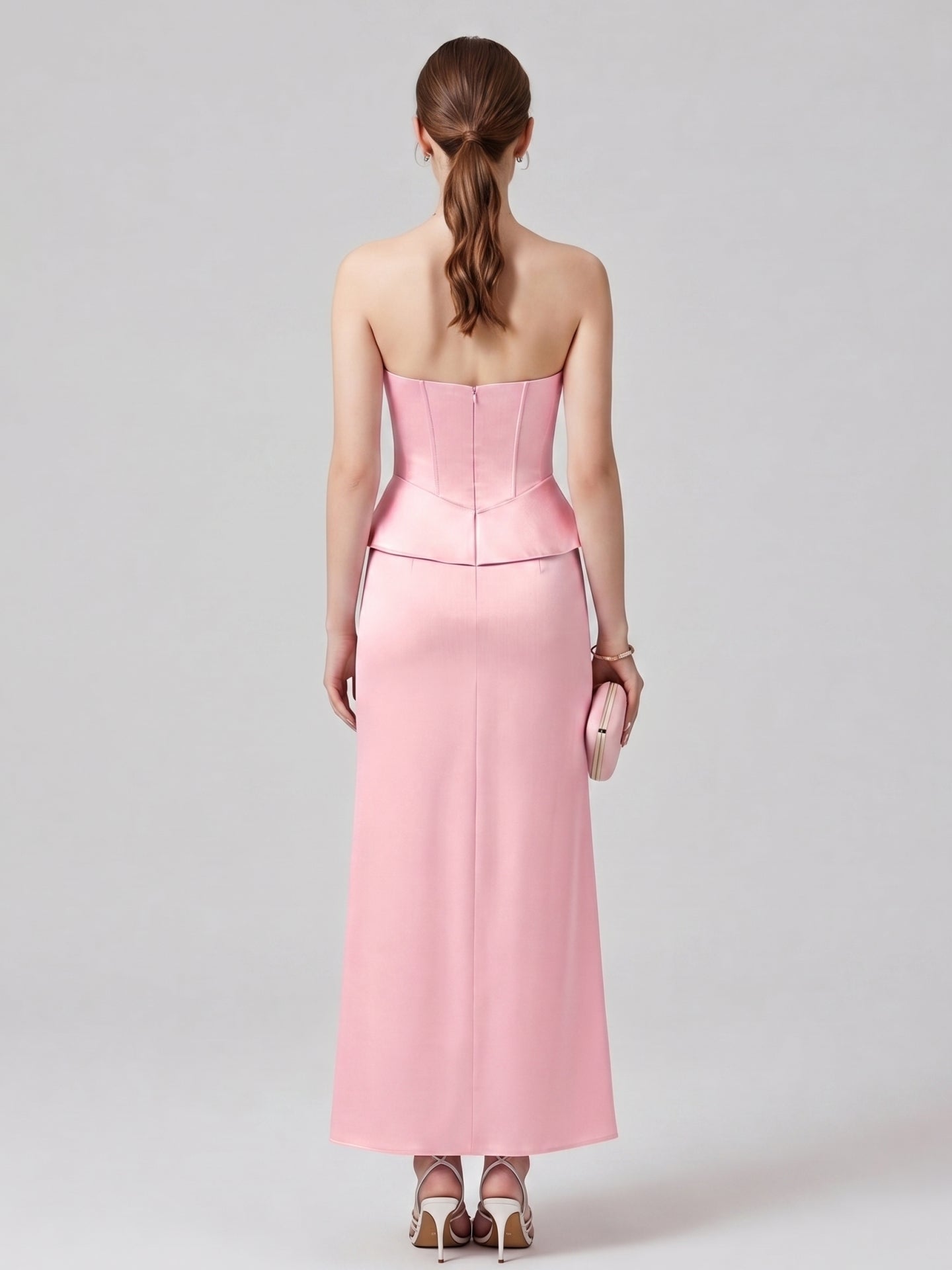 Coquette Petal Satin column Straight Neck Back Zip with Pleated Ankle-Length Bridesmaid Dress