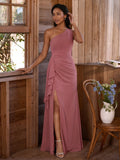 Coquette Rose Gold Chiffon A-Line One Shoulder Side Zip with Ruffle Ankle-Length Bridesmaid Dress