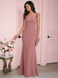 Coquette Rose Gold Chiffon A-Line Straight Neck Bow with nan Ankle-Length Bridesmaid Dress