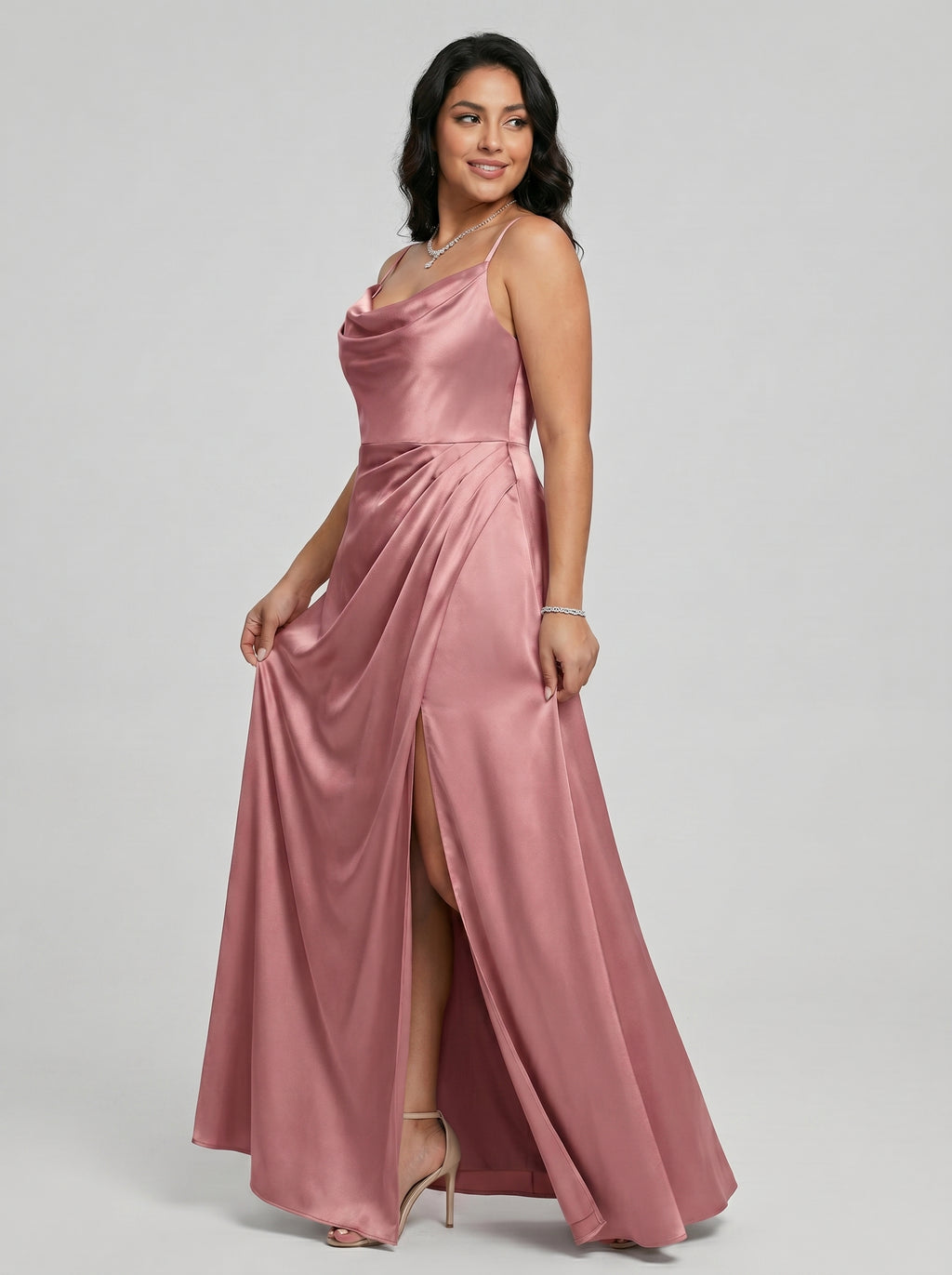Coquette Rose Gold Satin A-Line Cowl Neck Back Zip with nan Ankle-Length Bridesmaid Dress