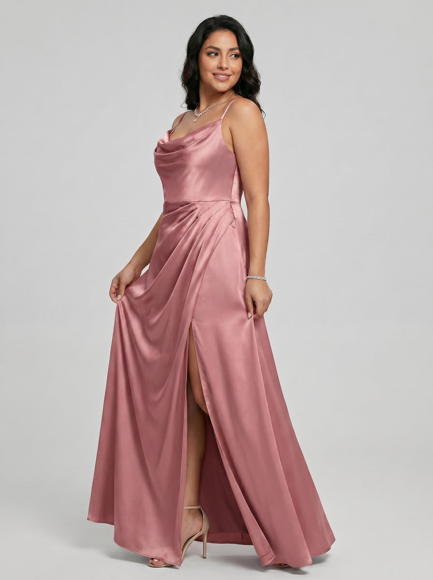 Coquette Rose Gold Satin A-Line Cowl Neck Back Zip with nan Ankle-Length Bridesmaid Dress