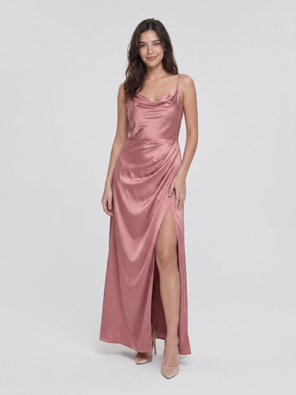 Coquette Rose Gold Satin A-Line Cowl Neck Back Zip with nan Ankle-Length Bridesmaid Dress