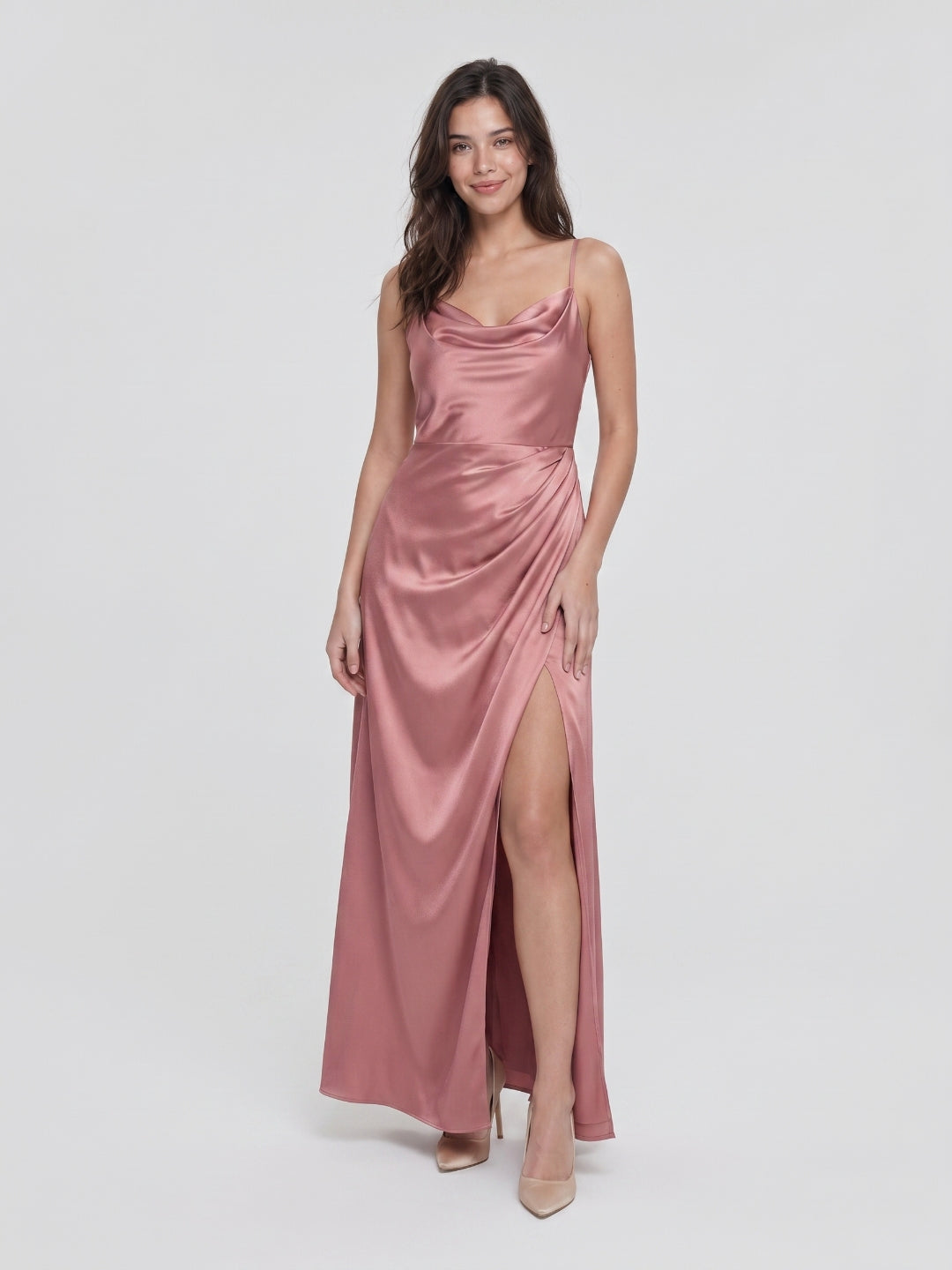 Coquette Rose Gold Satin A-Line Cowl Neck Back Zip with nan Ankle-Length Bridesmaid Dress