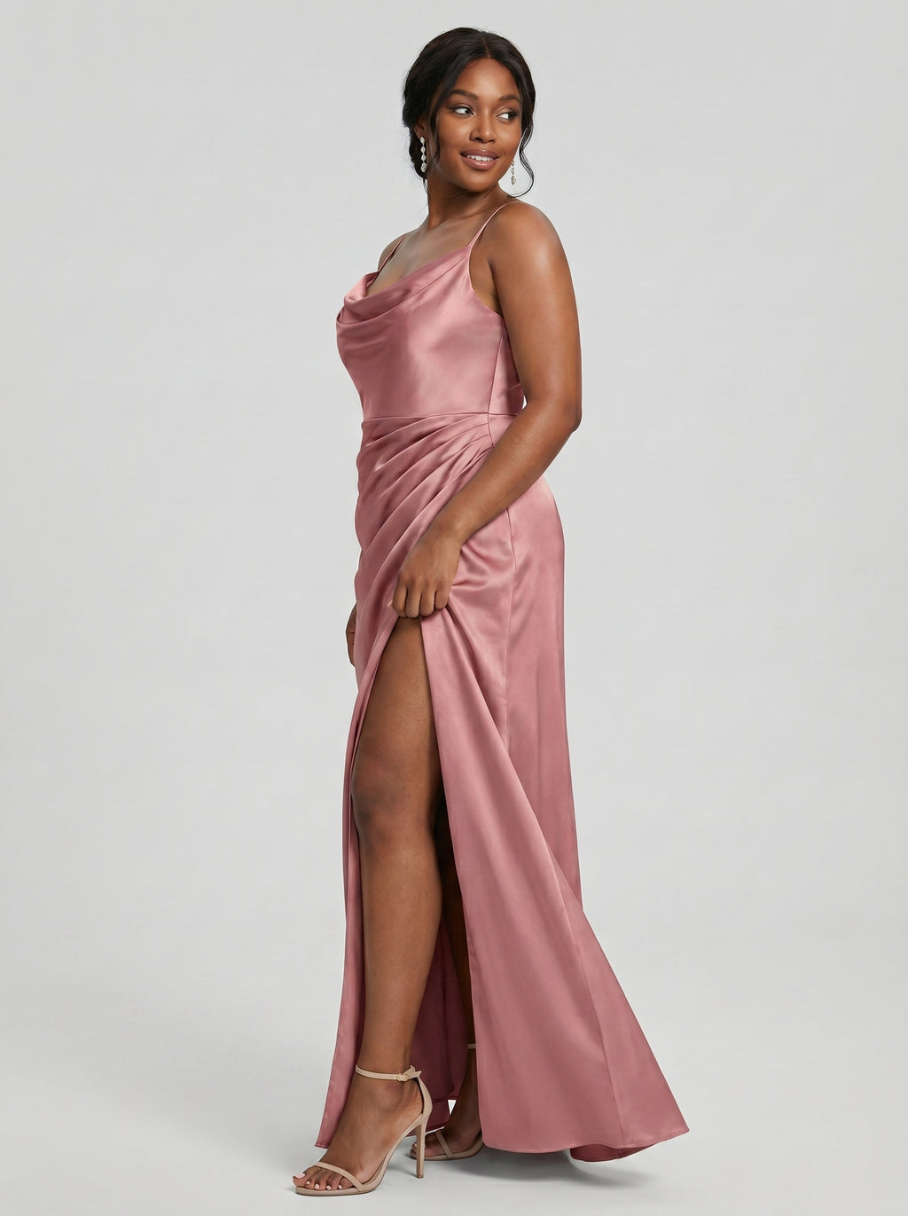 Coquette Rose Gold Satin A-Line Cowl Neck Back Zip with nan Ankle-Length Bridesmaid Dress