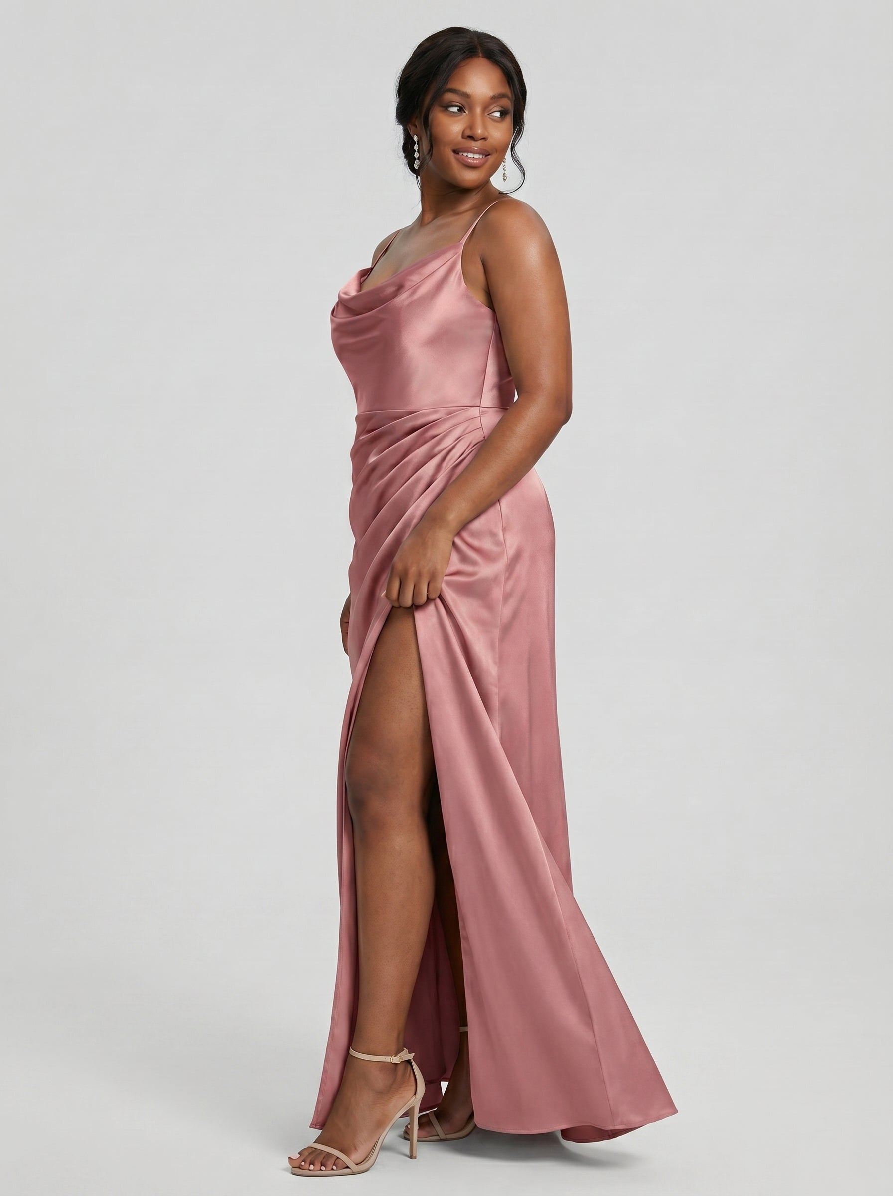 Coquette Rose Gold Satin A-Line Cowl Neck Back Zip with nan Ankle-Length Bridesmaid Dress