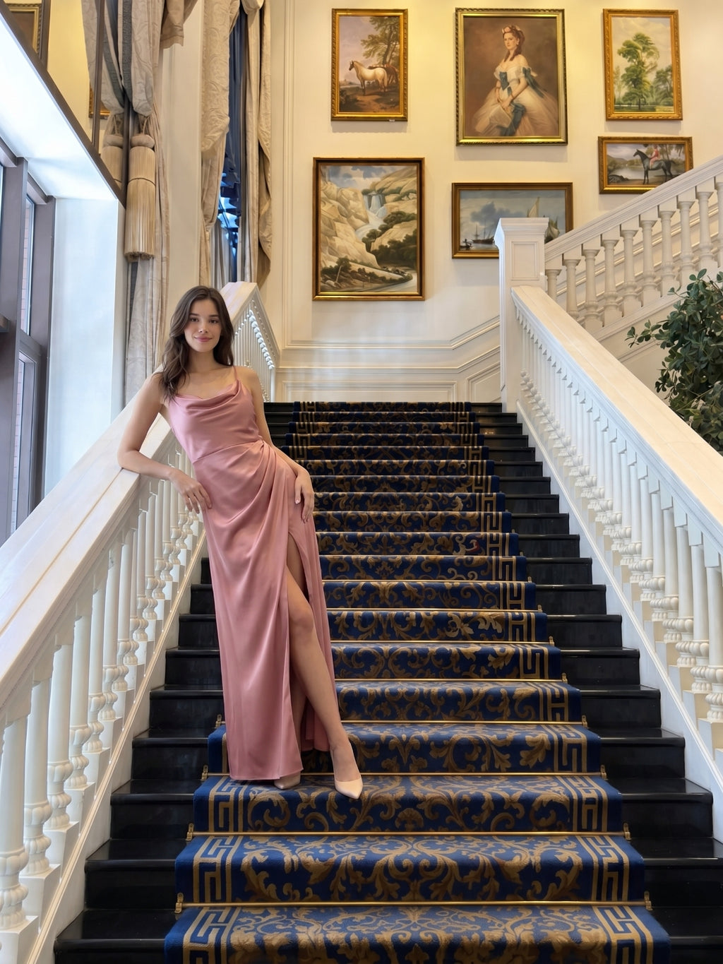 Coquette Rose Gold Satin A-Line Cowl Neck Back Zip with nan Ankle-Length Bridesmaid Dress