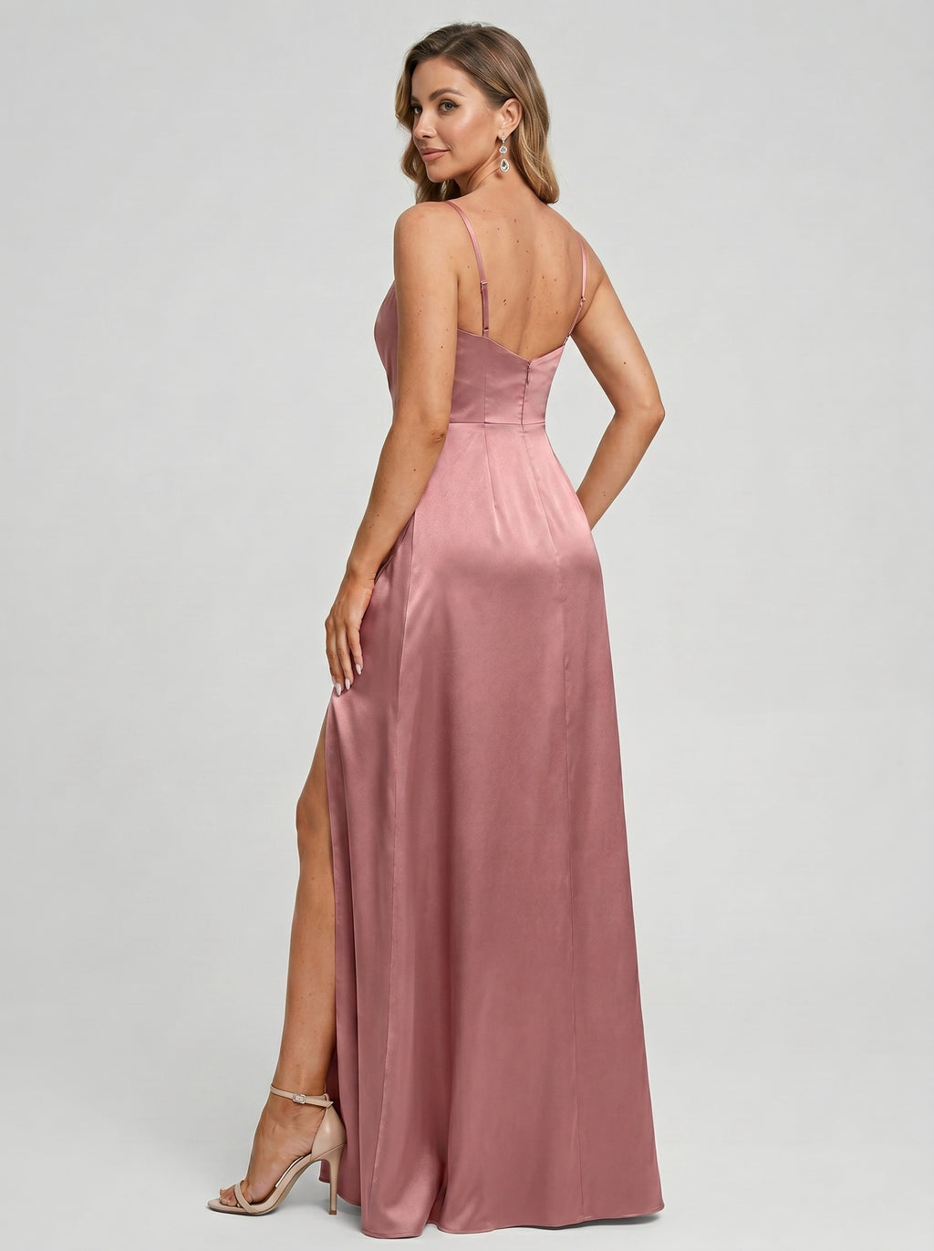 Coquette Rose Gold Satin A-Line Cowl Neck Back Zip with nan Ankle-Length Bridesmaid Dress