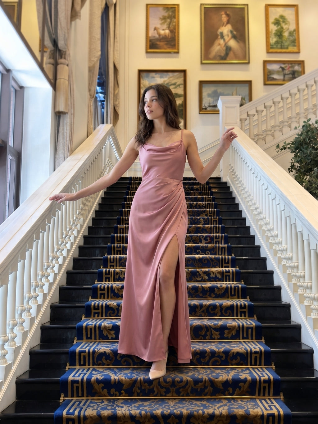 Coquette Rose Gold Satin A-Line Cowl Neck Back Zip with nan Ankle-Length Bridesmaid Dress