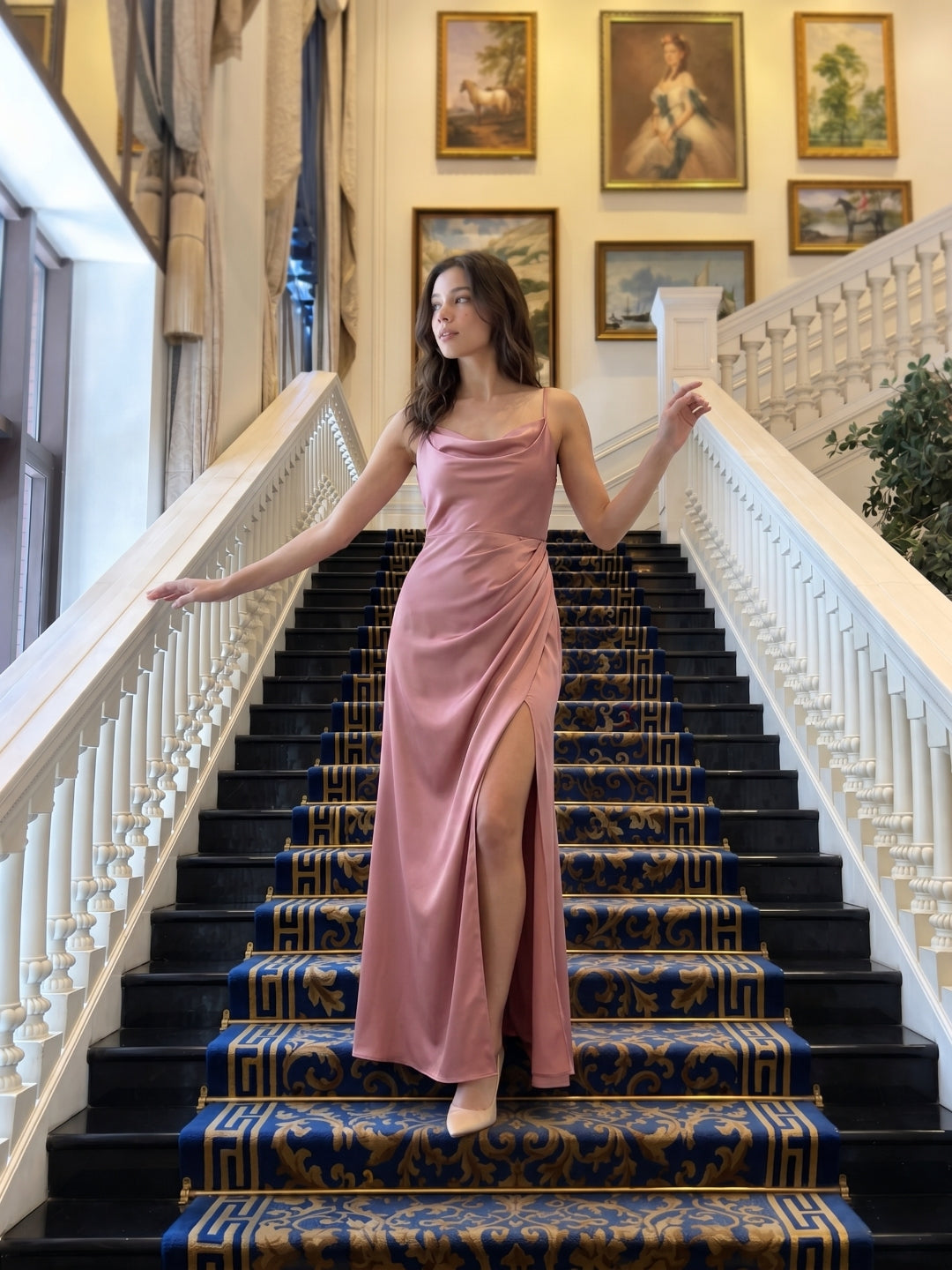 Coquette Rose Gold Satin A-Line Cowl Neck Back Zip with nan Ankle-Length Bridesmaid Dress