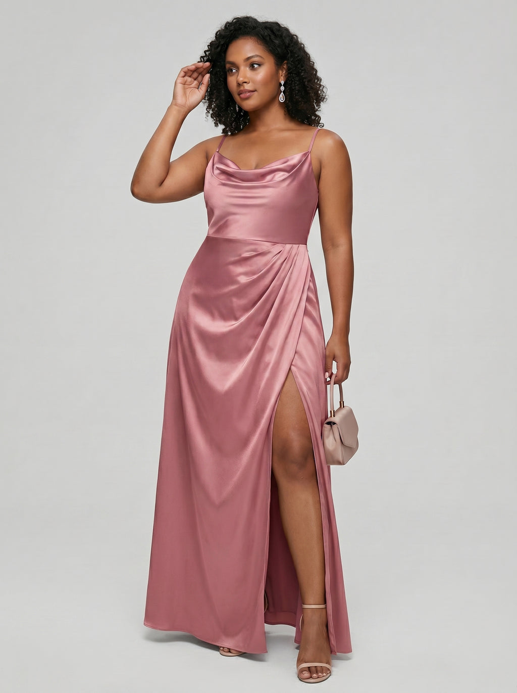 Coquette Rose Gold Satin A-Line Cowl Neck Back Zip with nan Ankle-Length Bridesmaid Dress