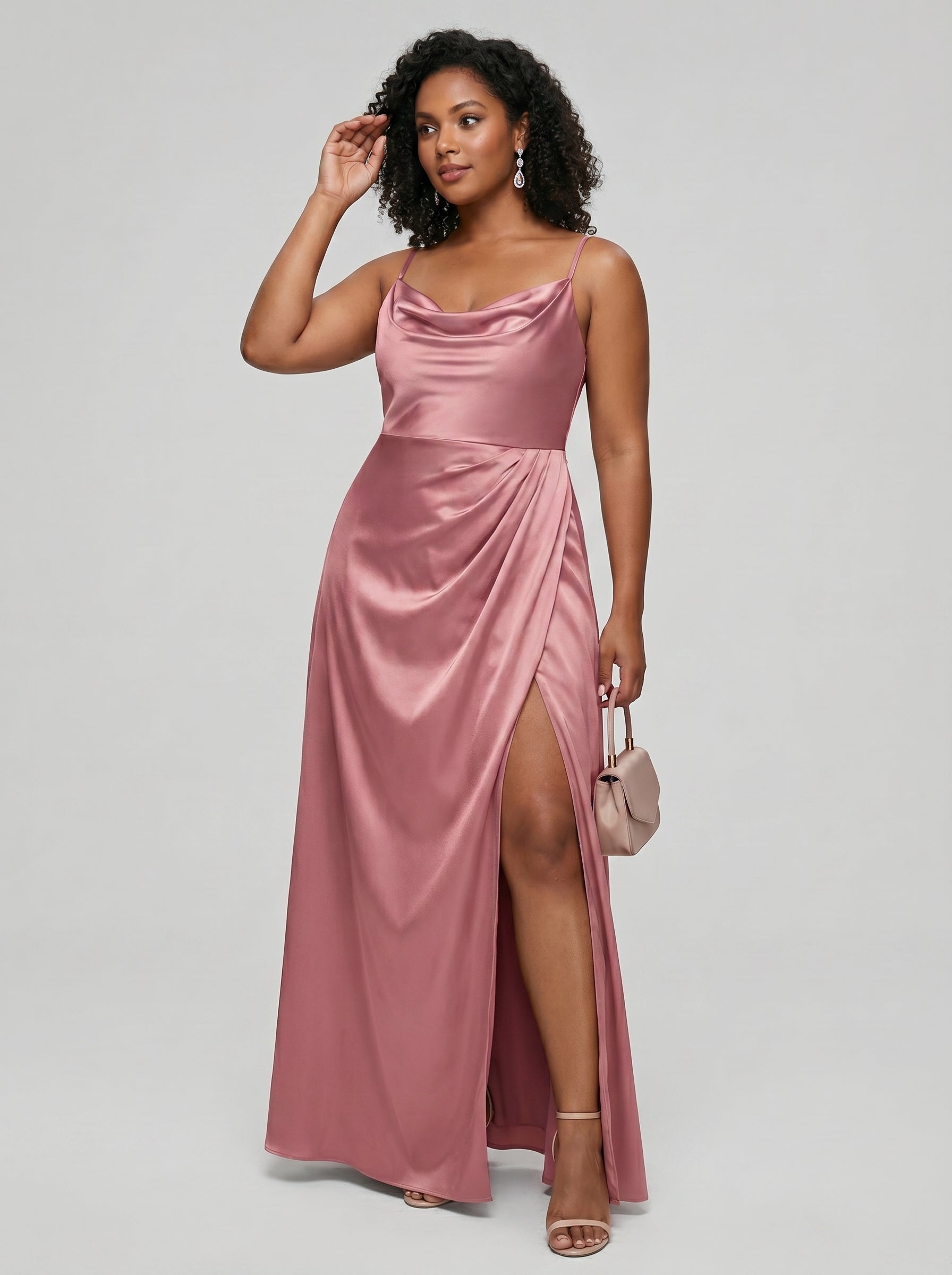 Coquette Rose Gold Satin A-Line Cowl Neck Back Zip with nan Ankle-Length Bridesmaid Dress