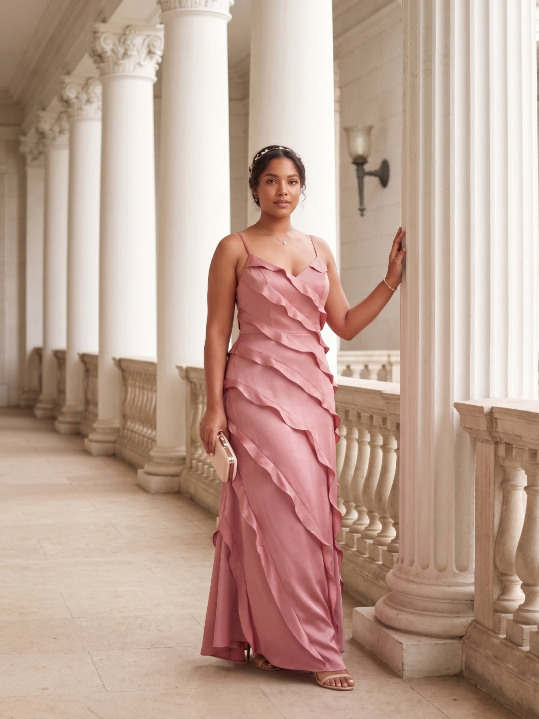 Coquette Rose Gold Satin A-Line V-Neck Side Zip with Ruffle Ankle-Length Bridesmaid Dress