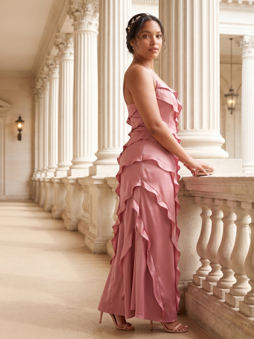 Coquette Rose Gold Satin A-Line V-Neck Side Zip with Ruffle Ankle-Length Bridesmaid Dress