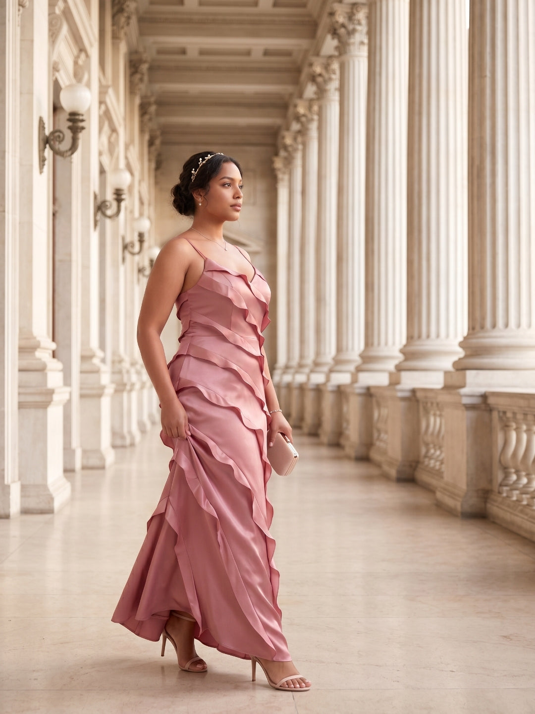 Coquette Rose Gold Satin A-Line V-Neck Side Zip with Ruffle Ankle-Length Bridesmaid Dress