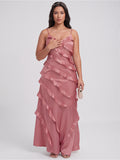 Coquette Rose Gold Satin A-Line V-Neck Side Zip with Ruffle Ankle-Length Bridesmaid Dress