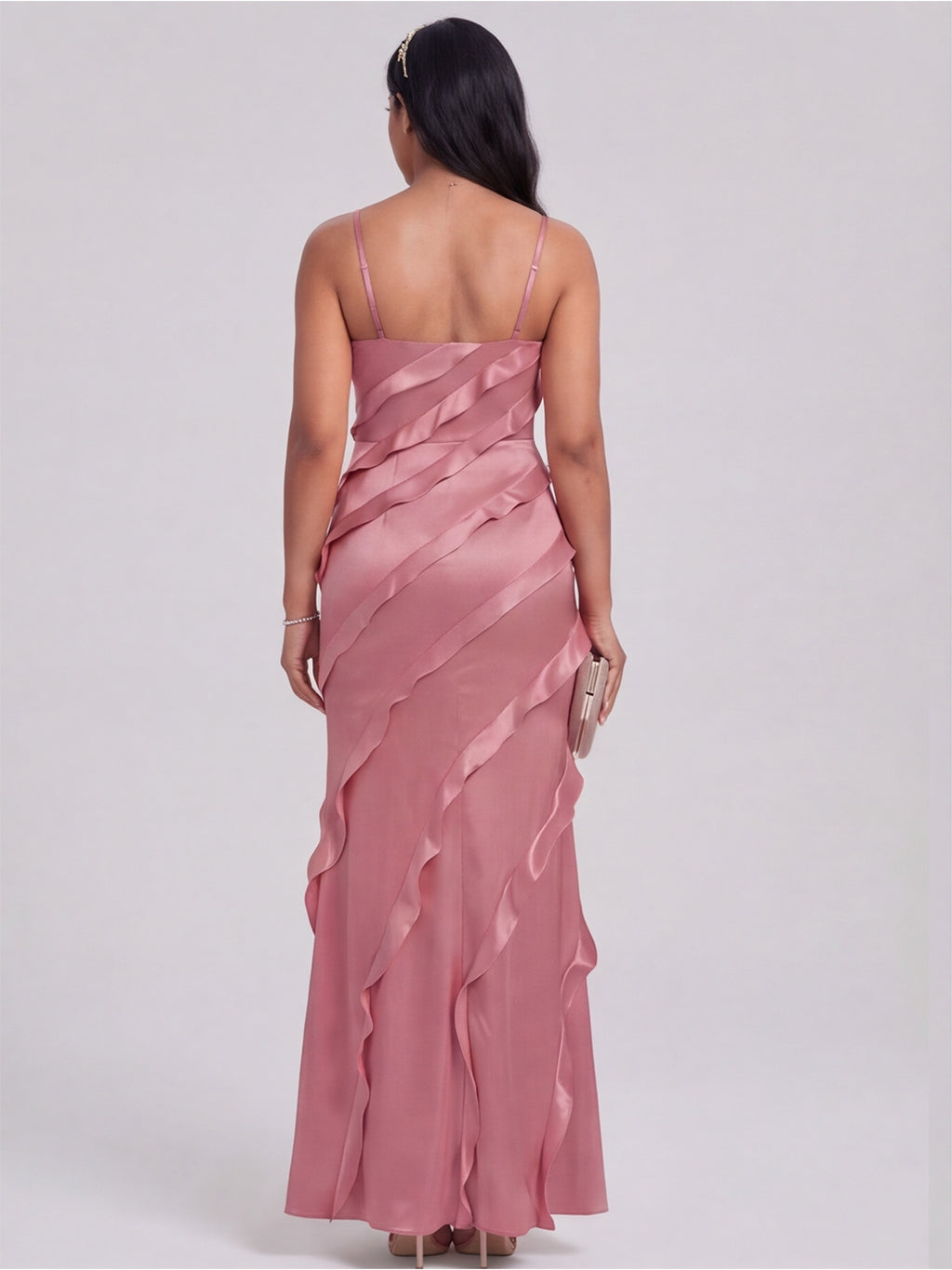 Coquette Rose Gold Satin A-Line V-Neck Side Zip with Ruffle Ankle-Length Bridesmaid Dress