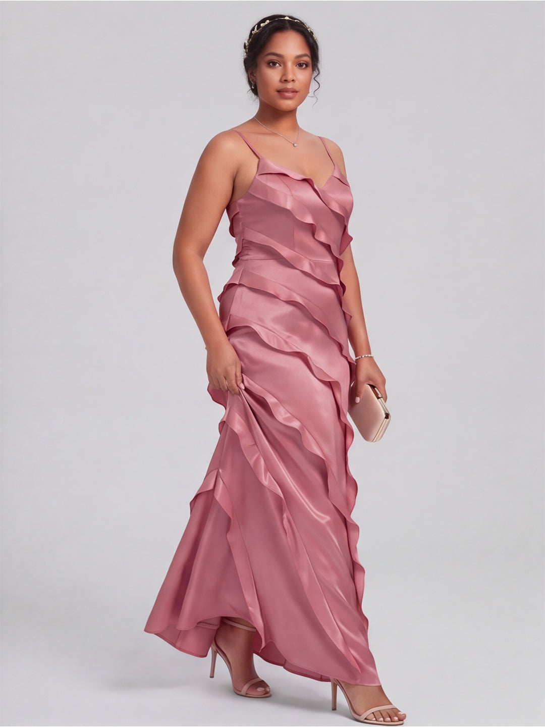 Coquette Rose Gold Satin A-Line V-Neck Side Zip with Ruffle Ankle-Length Bridesmaid Dress