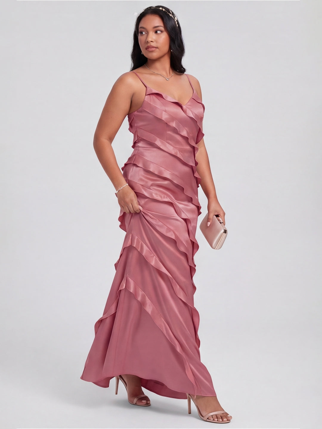Coquette Rose Gold Satin A-Line V-Neck Side Zip with Ruffle Ankle-Length Bridesmaid Dress