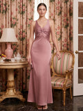 Coquette Rose Gold Satin Trumpet V-Neck Backless with Bow Ankle-Length Bridesmaid Dress