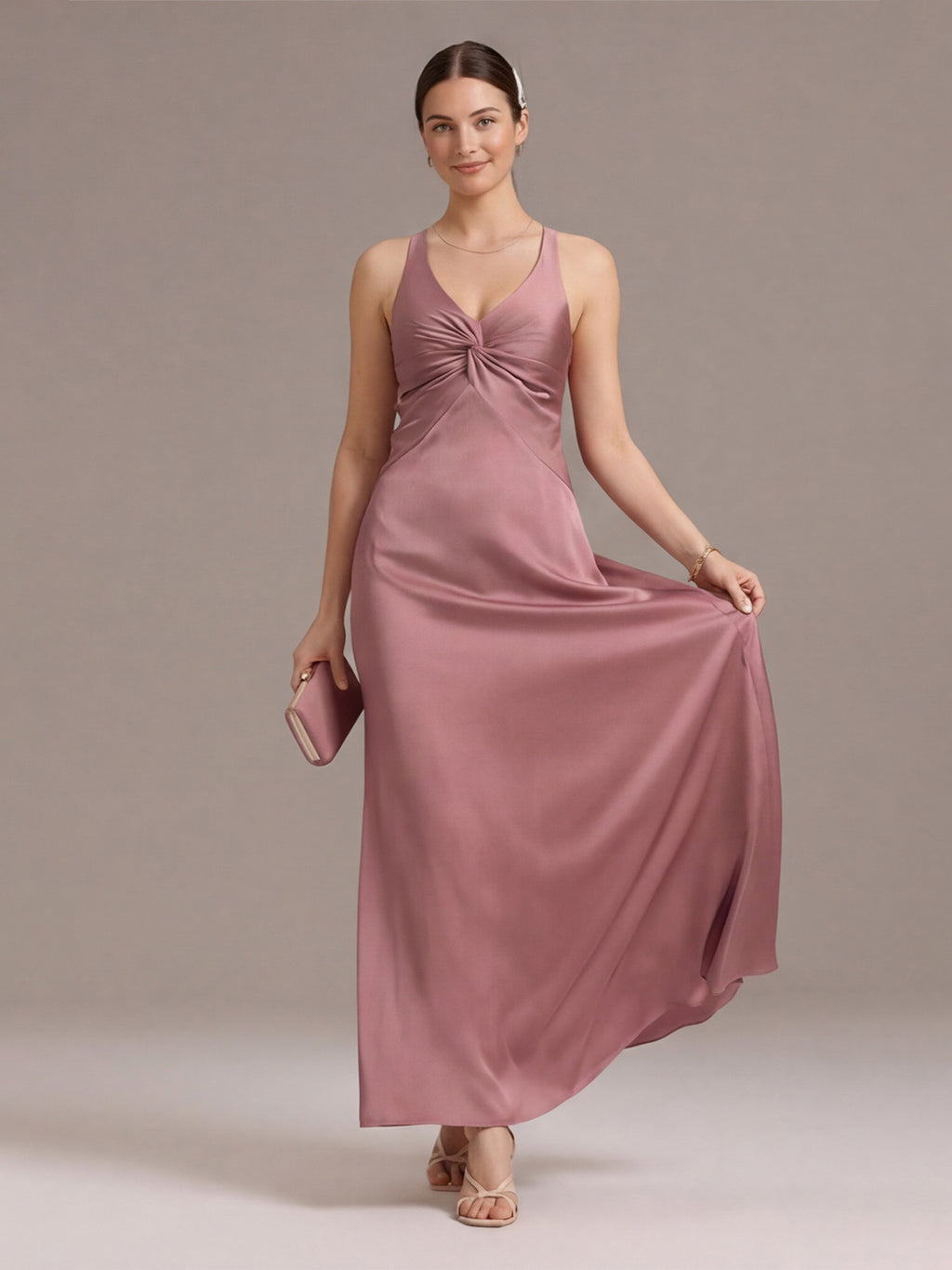 Coquette Rose Gold Satin Trumpet V-Neck Backless with Bow Ankle-Length Bridesmaid Dress