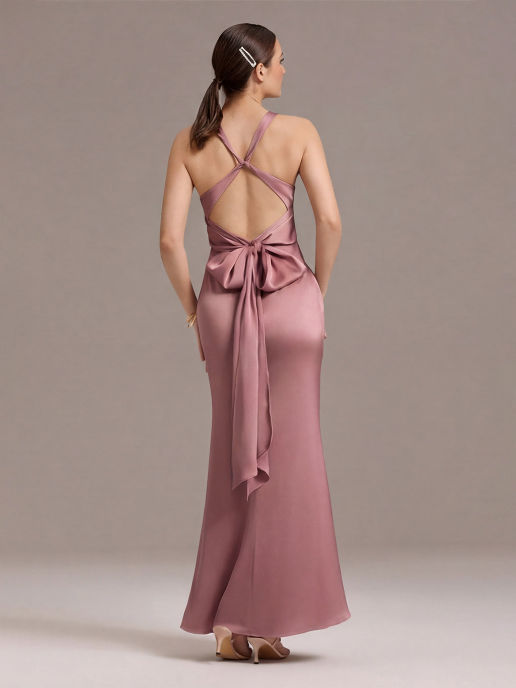 Coquette Rose Gold Satin Trumpet V-Neck Backless with Bow Ankle-Length Bridesmaid Dress