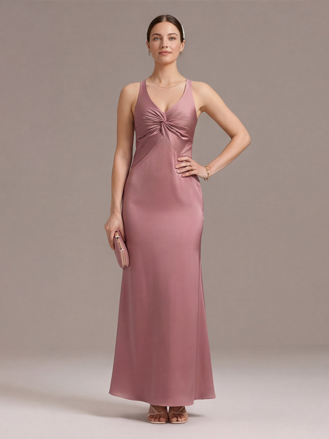 Coquette Rose Gold Satin Trumpet V-Neck Backless with Bow Ankle-Length Bridesmaid Dress