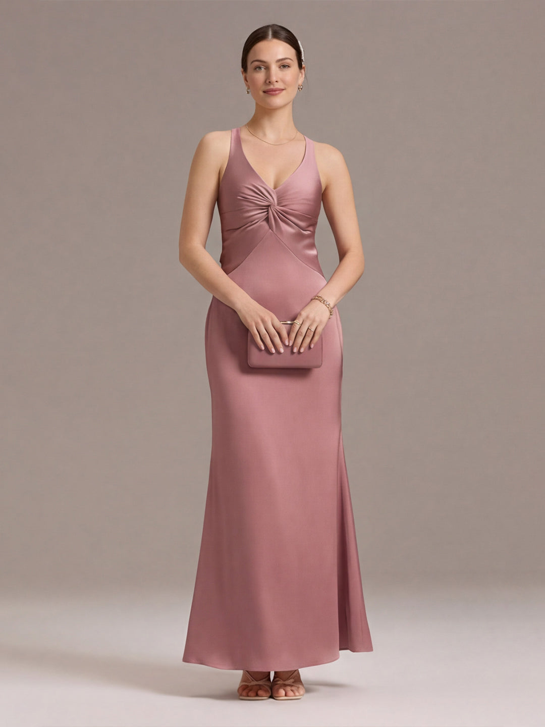 Coquette Rose Gold Satin Trumpet V-Neck Backless with Bow Ankle-Length Bridesmaid Dress