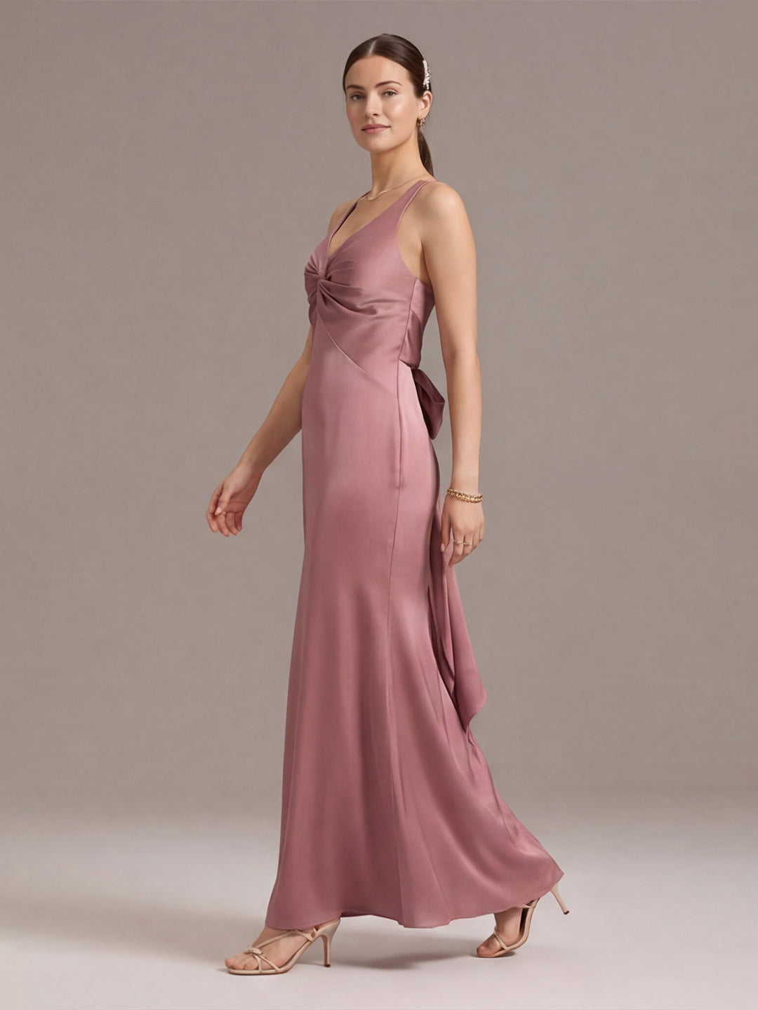 Coquette Rose Gold Satin Trumpet V-Neck Backless with Bow Ankle-Length Bridesmaid Dress
