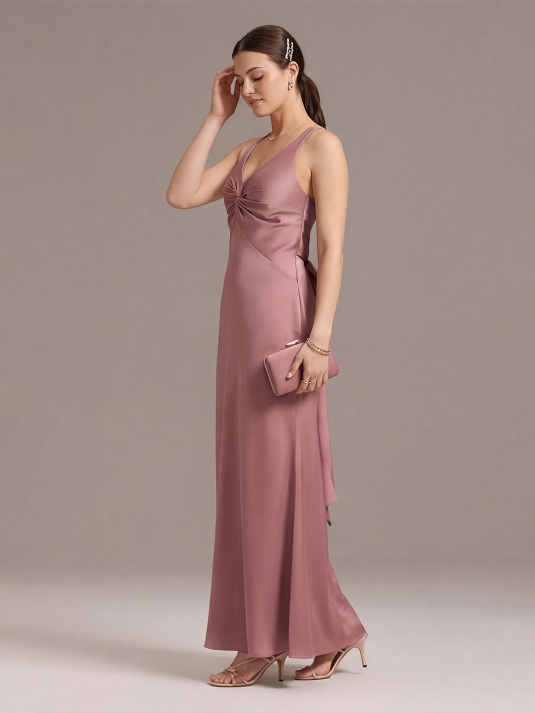 Coquette Rose Gold Satin Trumpet V-Neck Backless with Bow Ankle-Length Bridesmaid Dress