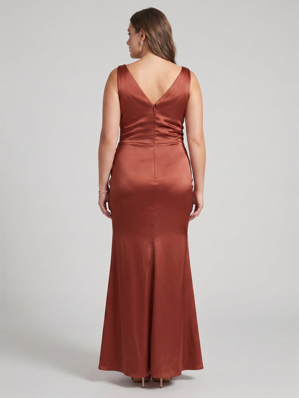 Coquette Rust Satin Mermaid V-Neck Back Zip Ankle-Length Plus Size Bridesmaid Dress