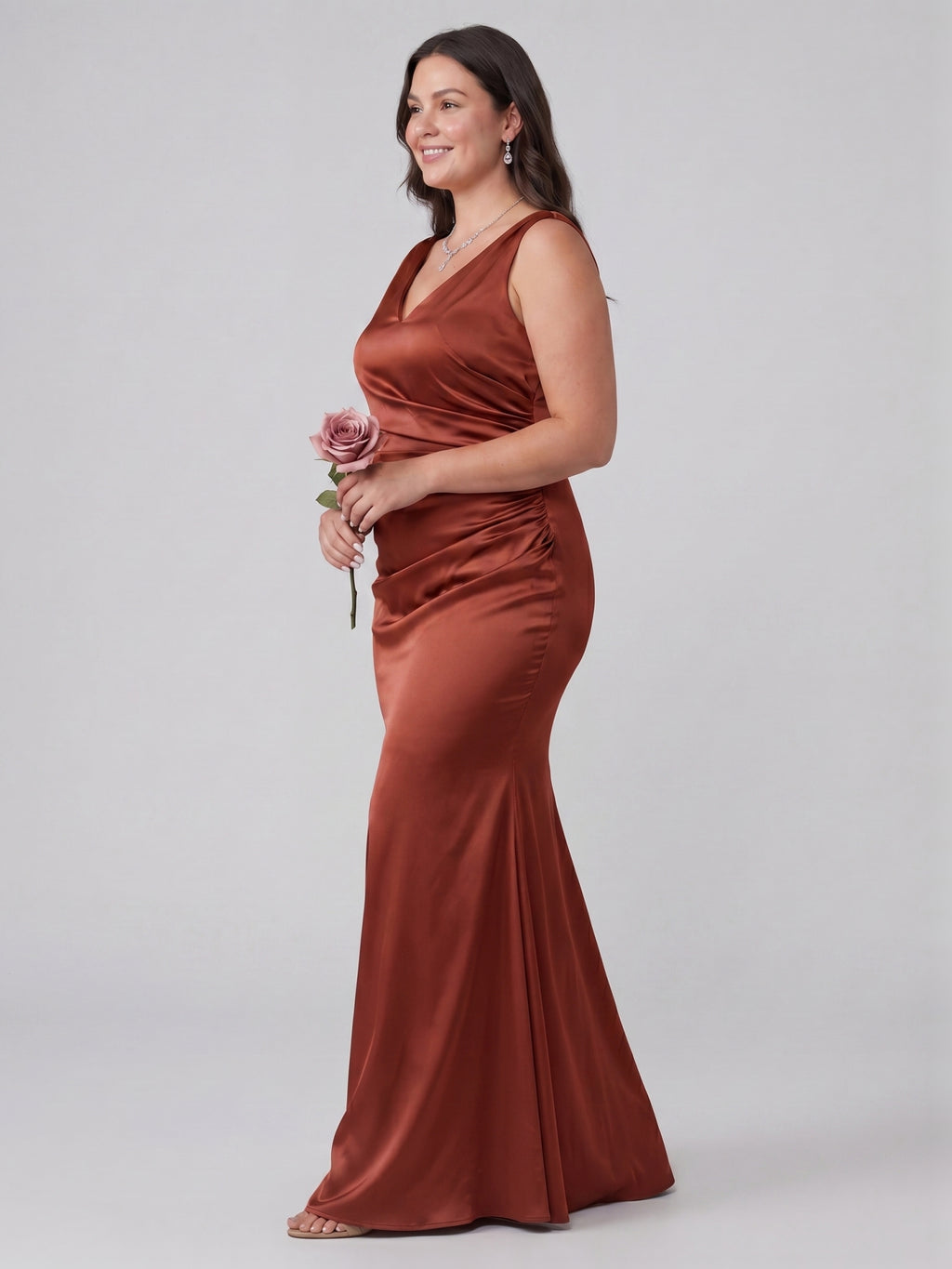Coquette Rust Satin Mermaid V-Neck Back Zip Ankle-Length Plus Size Bridesmaid Dress