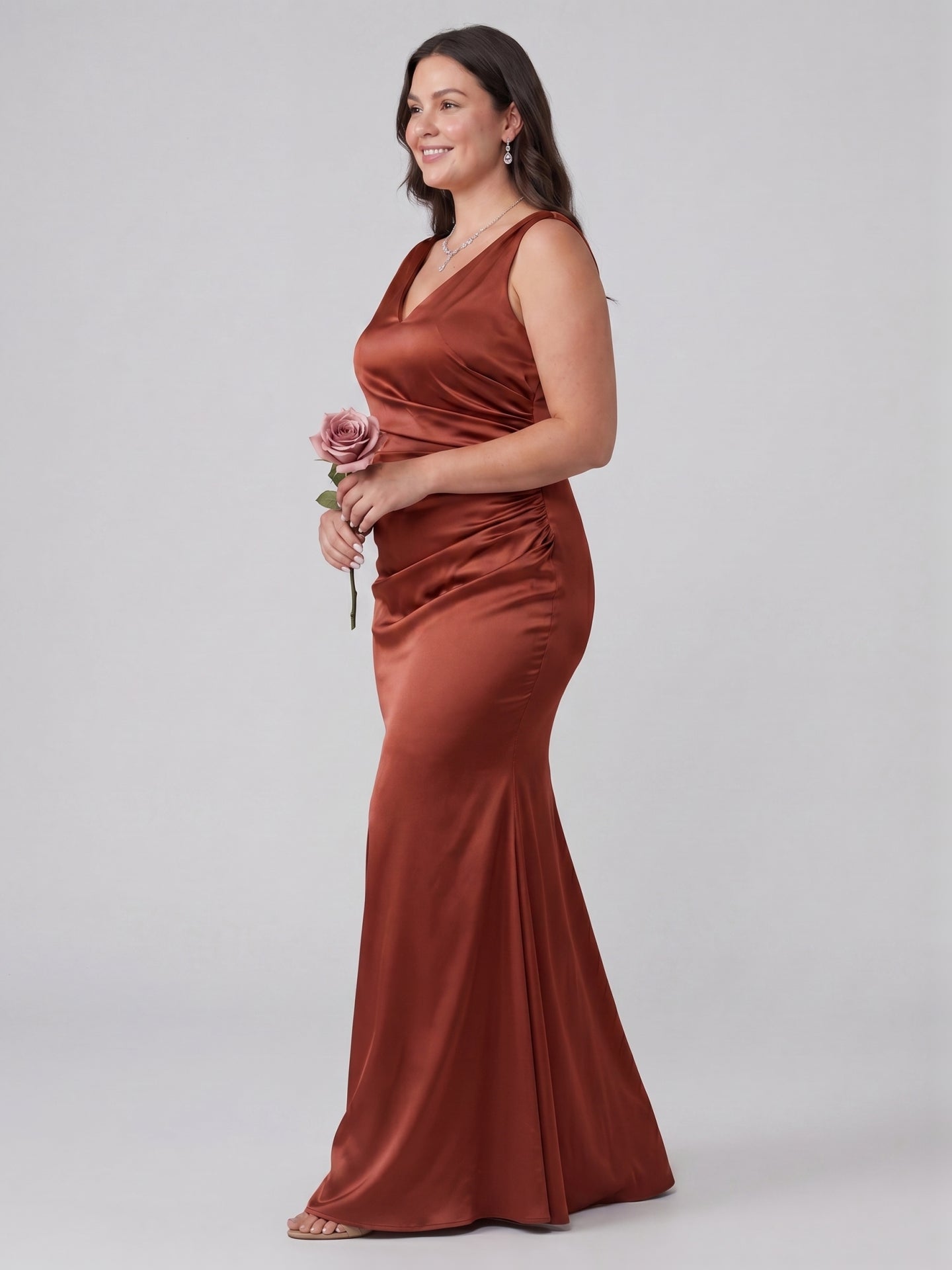 Coquette Rust Satin Mermaid V-Neck Back Zip Ankle-Length Plus Size Bridesmaid Dress
