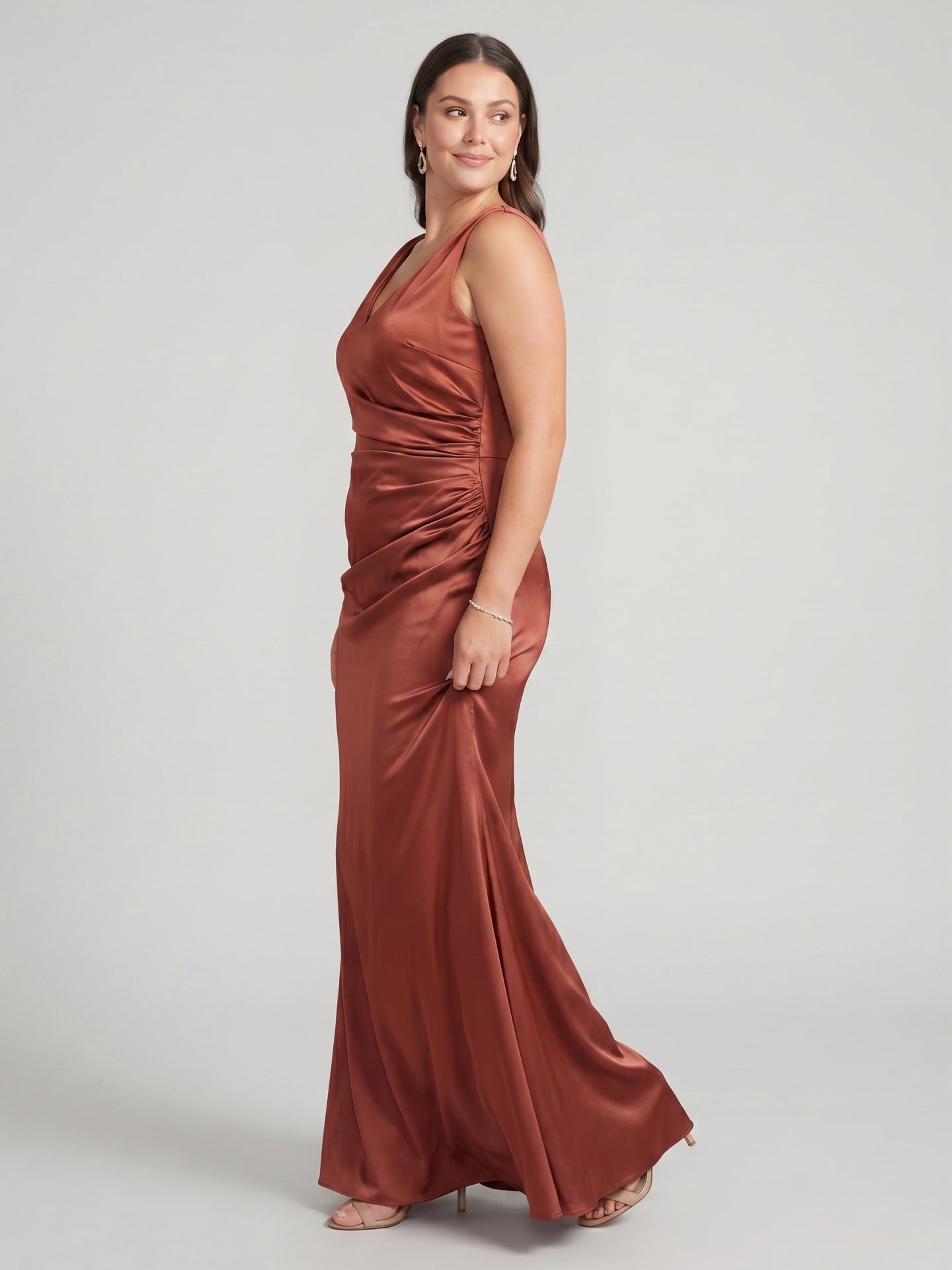 Coquette Rust Satin Mermaid V-Neck Back Zip Ankle-Length Plus Size Bridesmaid Dress