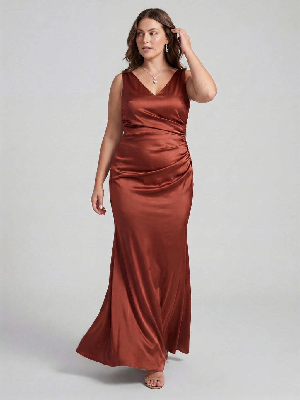 Coquette Rust Satin Mermaid V-Neck Back Zip Ankle-Length Plus Size Bridesmaid Dress