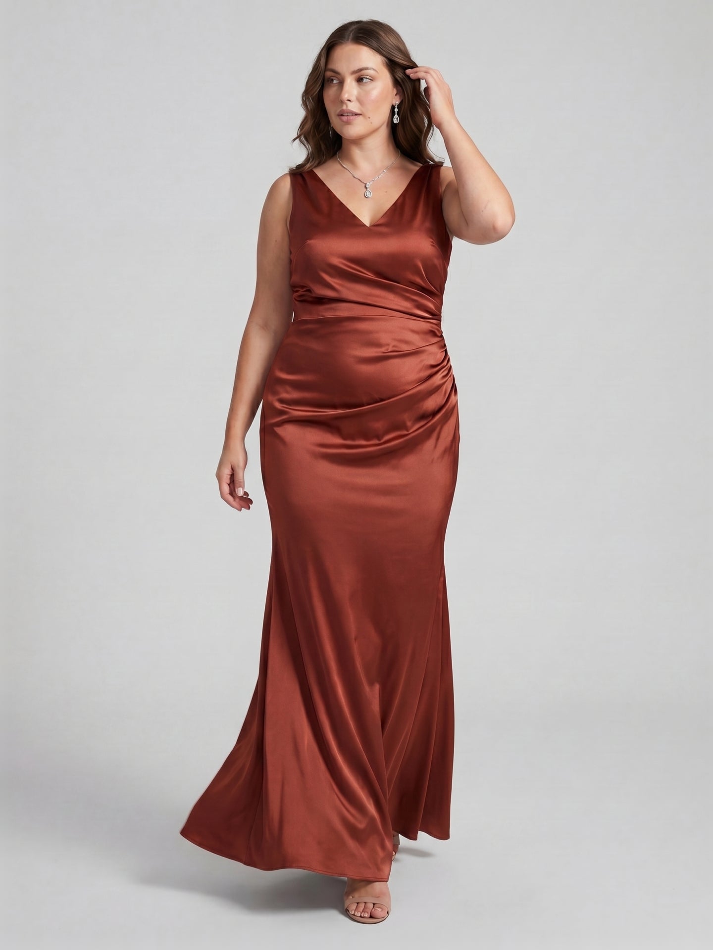 Coquette Rust Satin Mermaid V-Neck Back Zip Ankle-Length Plus Size Bridesmaid Dress