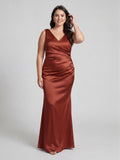 Coquette Rust Satin Mermaid V-Neck Back Zip Ankle-Length Plus Size Bridesmaid Dress