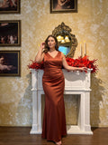 Coquette Rust Satin Mermaid V-Neck Back Zip Ankle-Length Plus Size Bridesmaid Dress