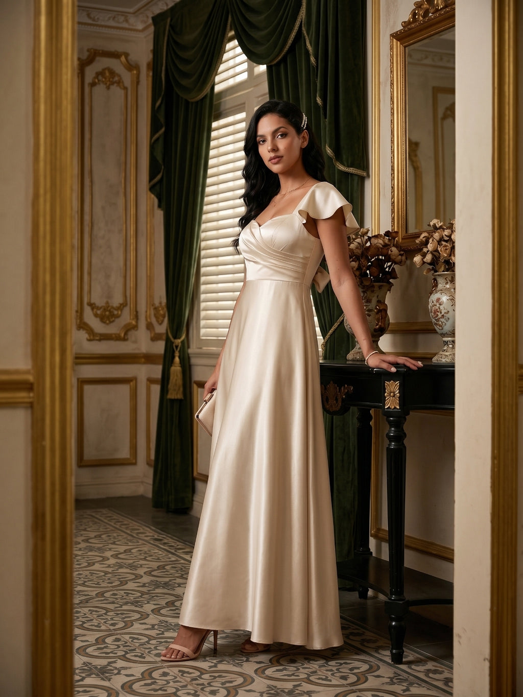 Coquette Sand Satin A-Line Square Neck Backless Ankle-Length Bridesmaid Dress
