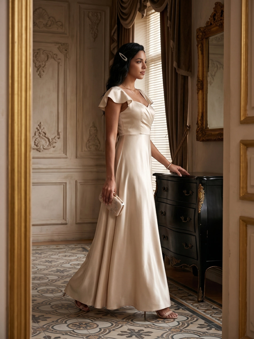 Coquette Sand Satin A-Line Square Neck Backless Ankle-Length Bridesmaid Dress