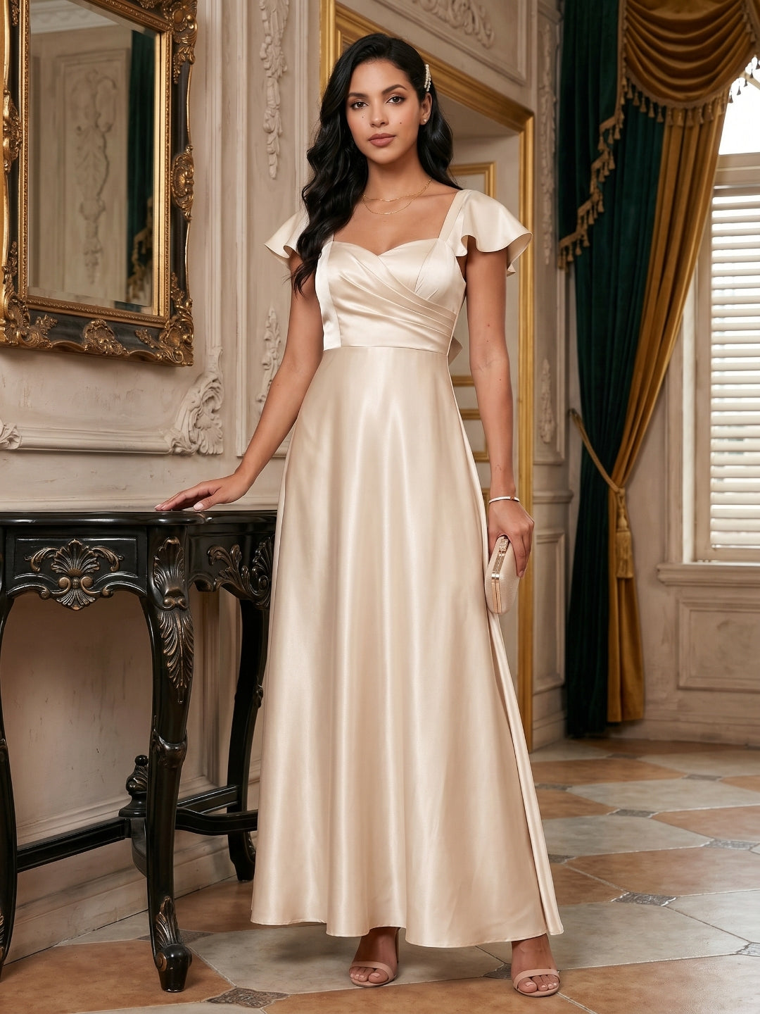 Coquette Sand Satin A-Line Square Neck Backless Ankle-Length Bridesmaid Dress
