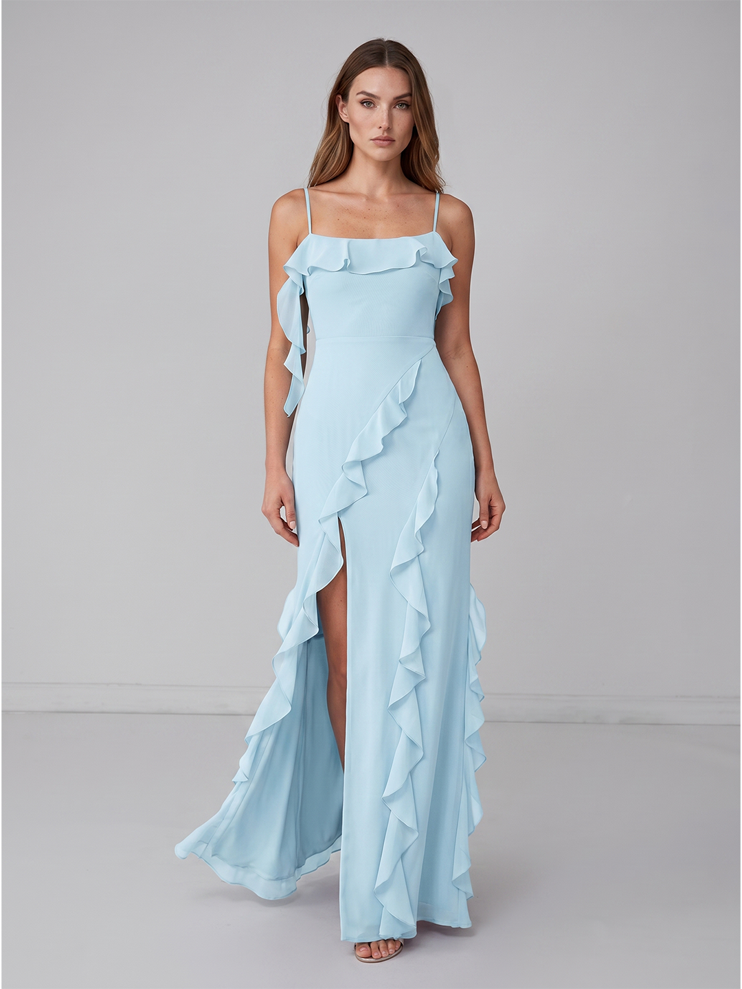 Coquette Sky Blue Chiffon A-Line Straight Neck Backless with Ruffle Ankle-Length Bridesmaid Dress