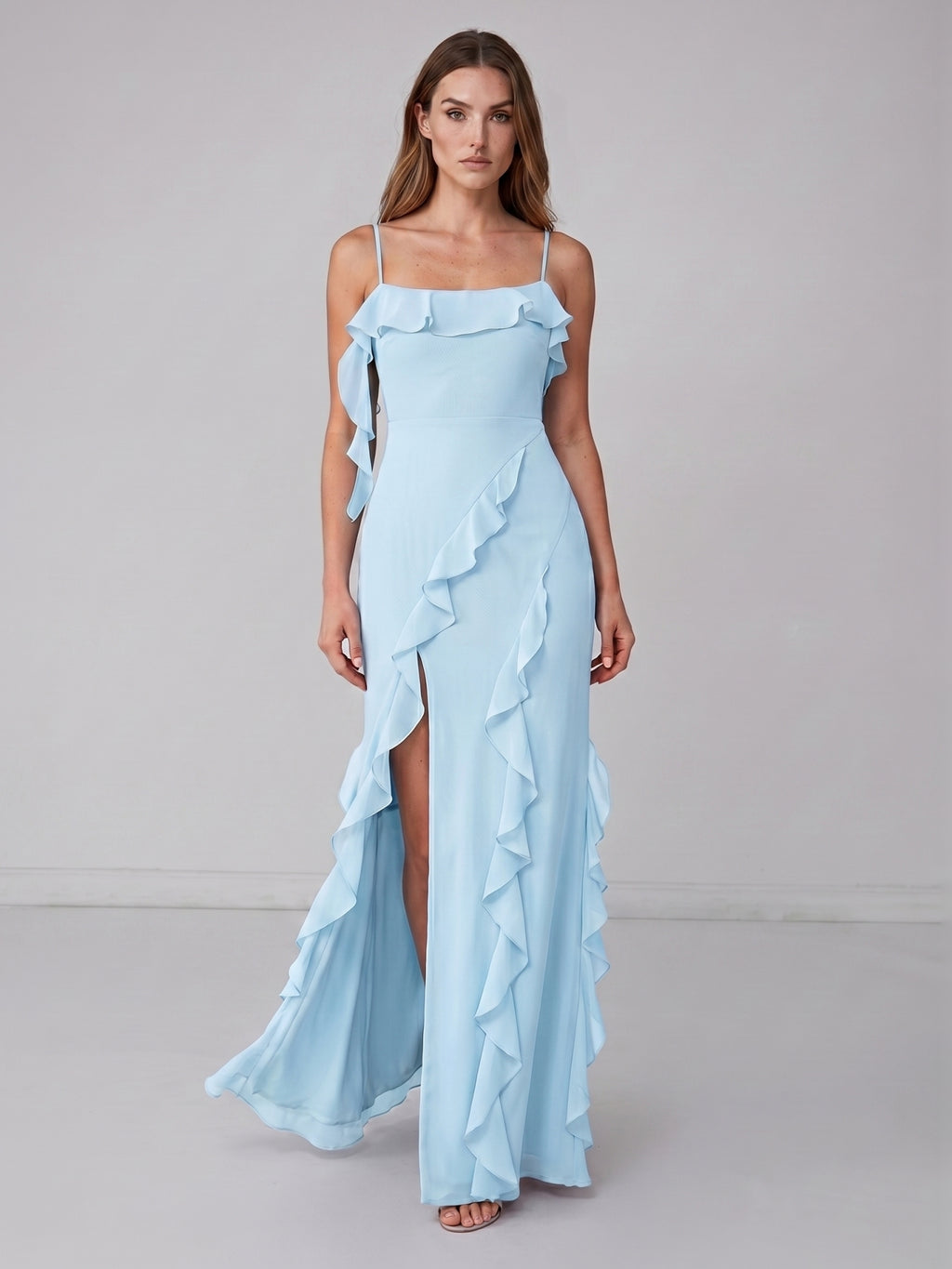 Coquette Sky Blue Chiffon A-Line Straight Neck Backless with Ruffle Ankle-Length Bridesmaid Dress