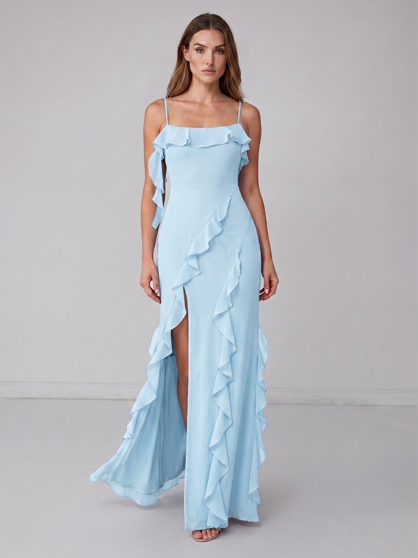 Coquette Sky Blue Chiffon A-Line Straight Neck Backless with Ruffle Ankle-Length Bridesmaid Dress