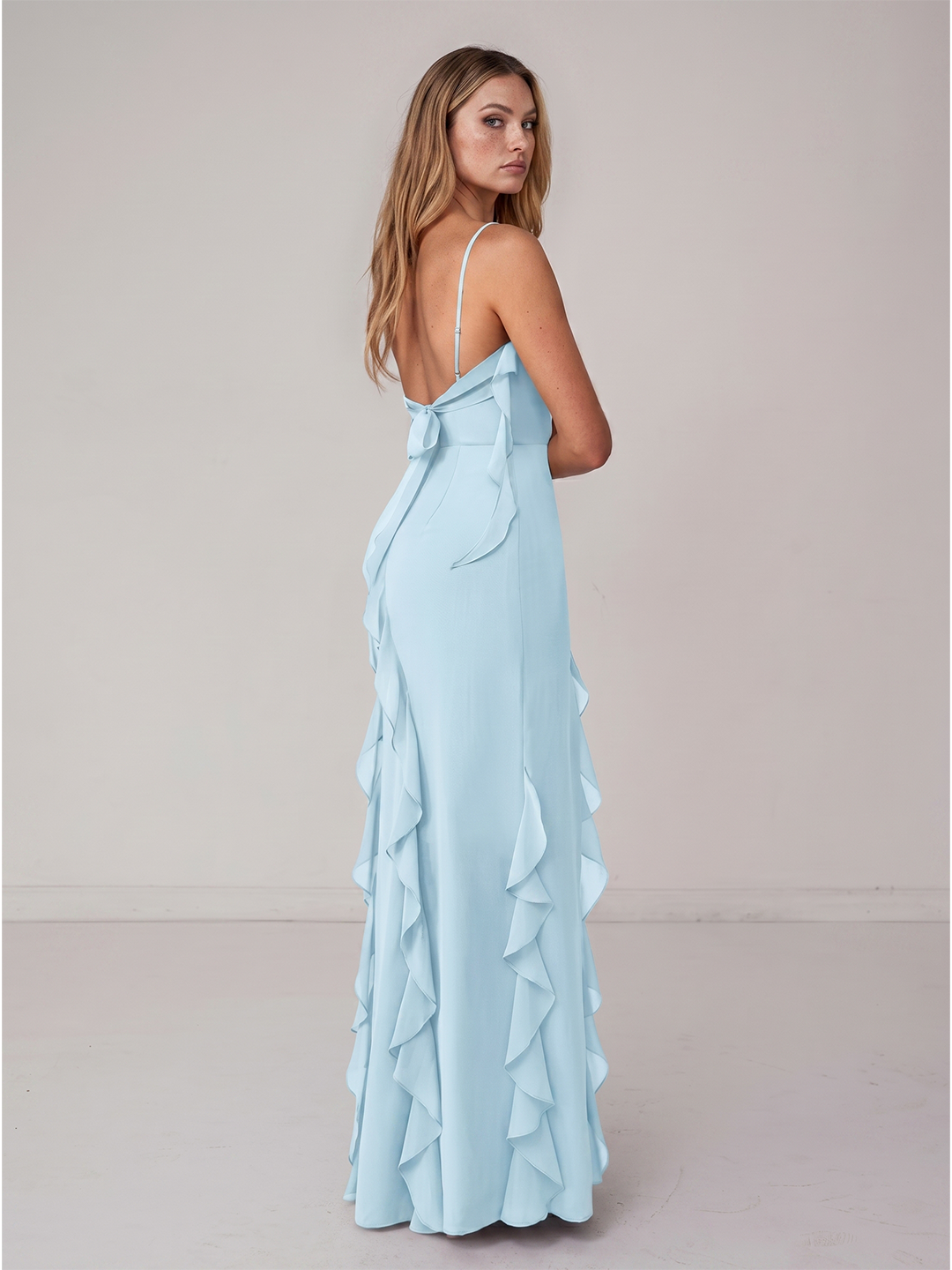 Coquette Sky Blue Chiffon A-Line Straight Neck Backless with Ruffle Ankle-Length Bridesmaid Dress