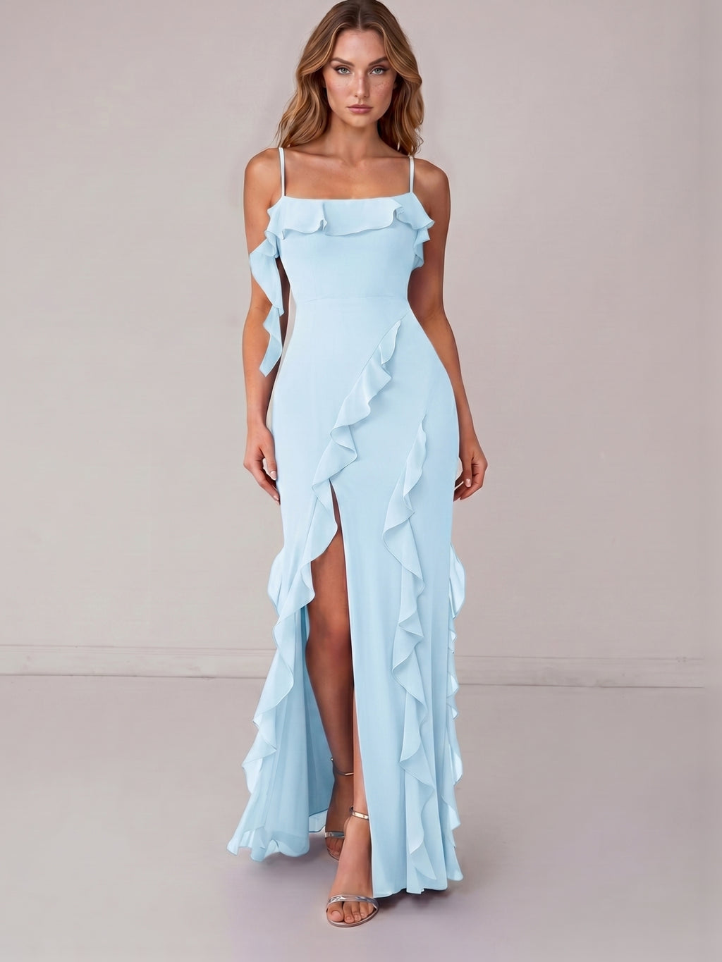 Coquette Sky Blue Chiffon A-Line Straight Neck Backless with Ruffle Ankle-Length Bridesmaid Dress