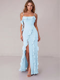 Coquette Sky Blue Chiffon A-Line Straight Neck Backless with Ruffle Ankle-Length Bridesmaid Dress