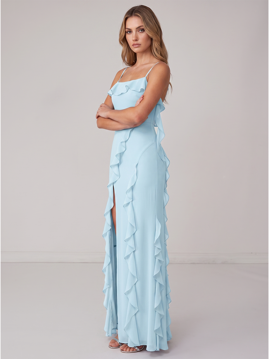 Coquette Sky Blue Chiffon A-Line Straight Neck Backless with Ruffle Ankle-Length Bridesmaid Dress
