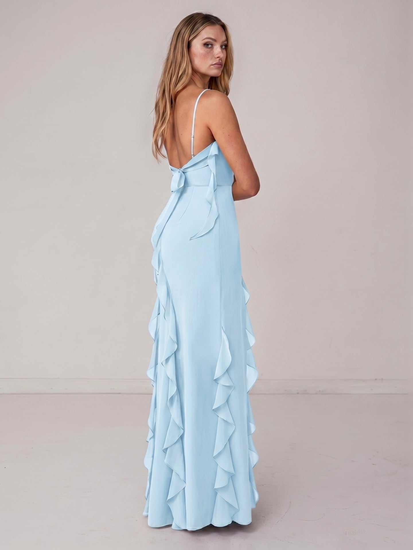 Coquette Sky Blue Chiffon A-Line Straight Neck Backless with Ruffle Ankle-Length Bridesmaid Dress