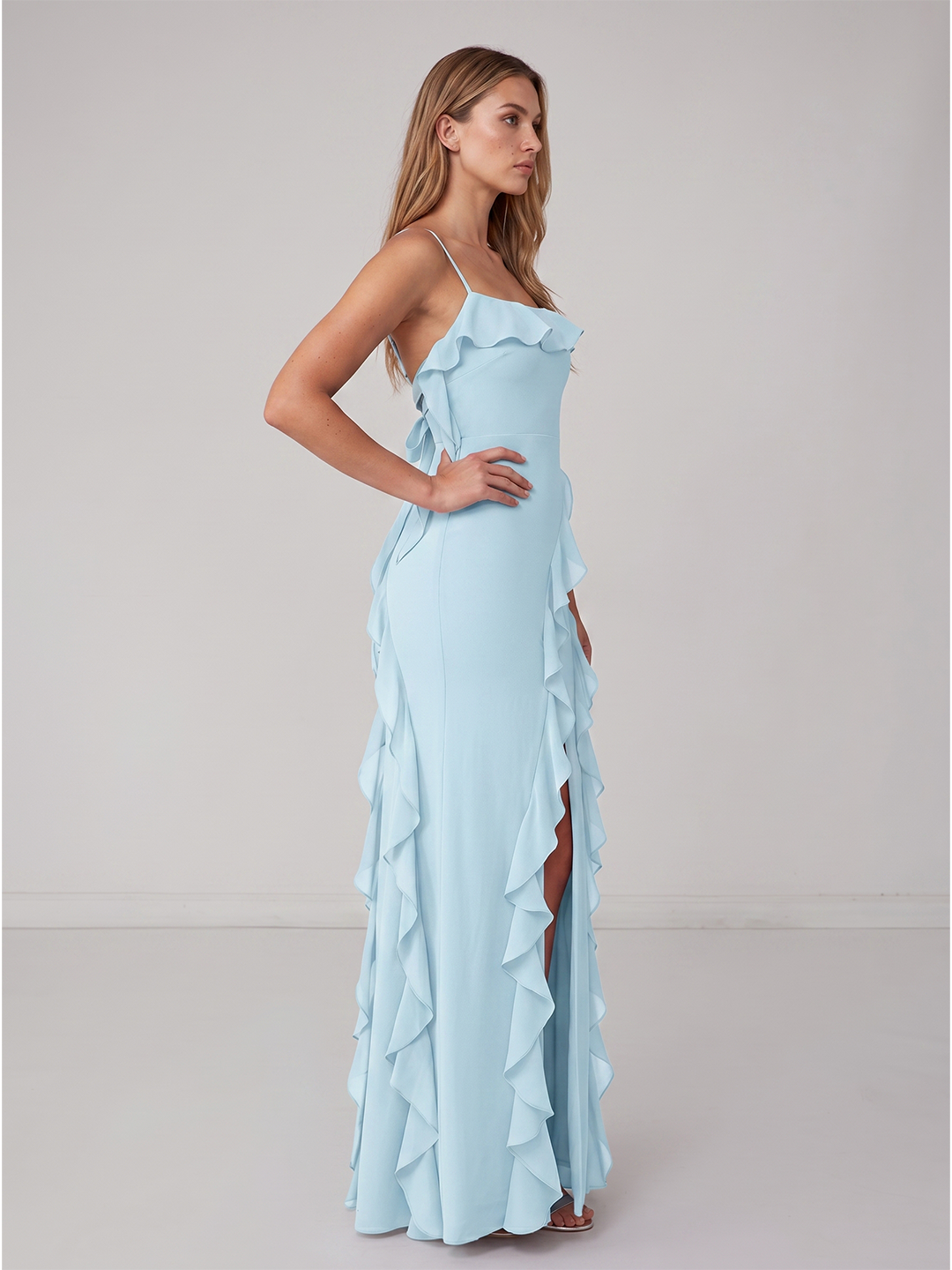 Coquette Sky Blue Chiffon A-Line Straight Neck Backless with Ruffle Ankle-Length Bridesmaid Dress