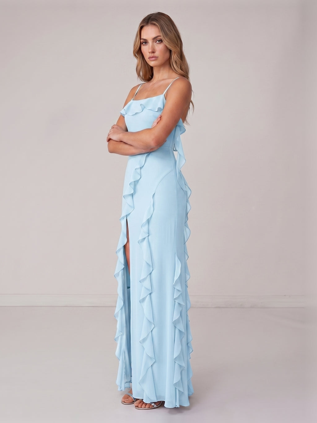 Coquette Sky Blue Chiffon A-Line Straight Neck Backless with Ruffle Ankle-Length Bridesmaid Dress